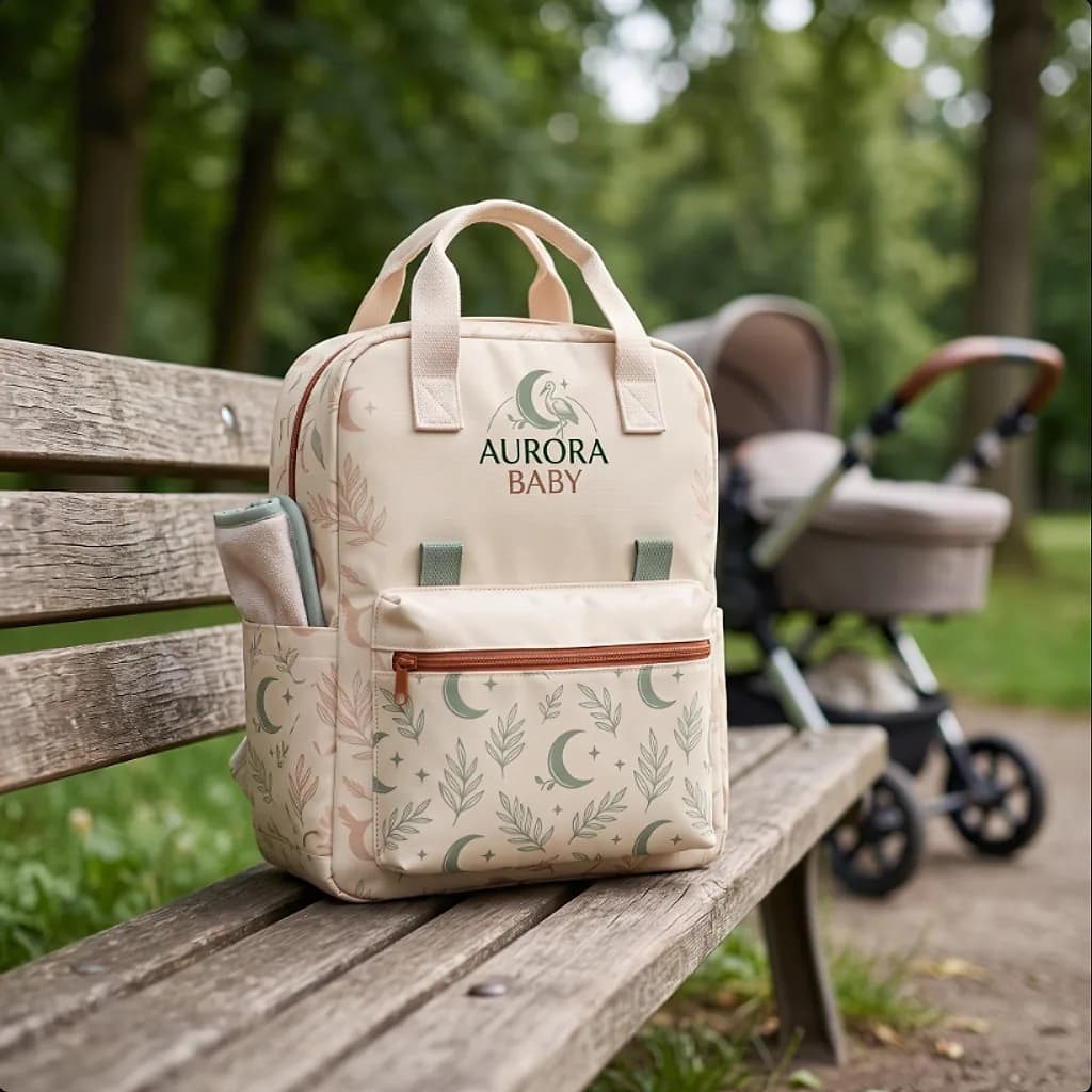 Aurora Baby botanical diaper bag on a park bench beside a stroller