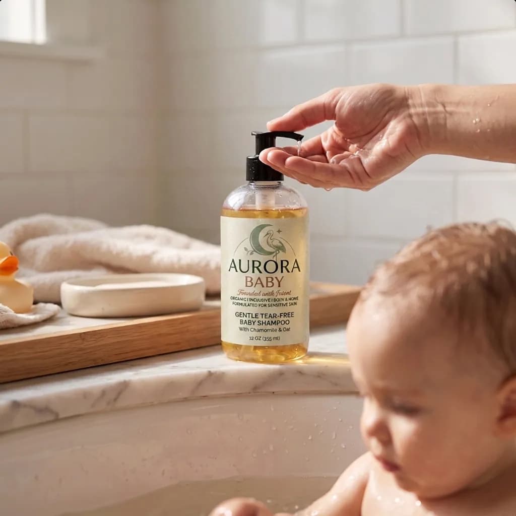 Aurora Baby tear-free shampoo being dispensed at bath time