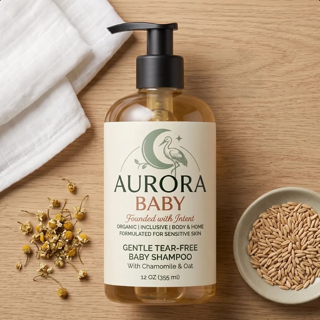 Aurora Baby tear-free shampoo flat lay with chamomile and oats on oak