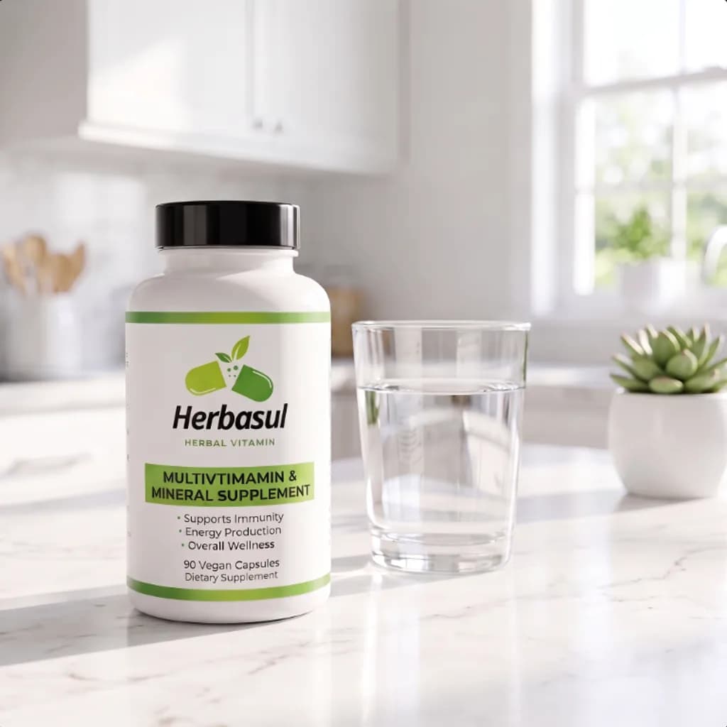 Herbasul multivitamin bottle beside a glass of water on a marble kitchen counter