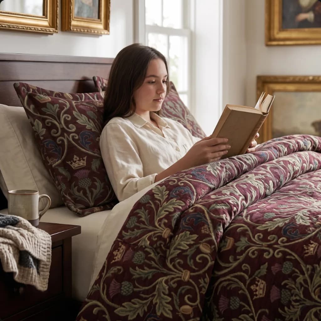 Woman reading in bed dressed with the Heirloom Manor tapestry comforter