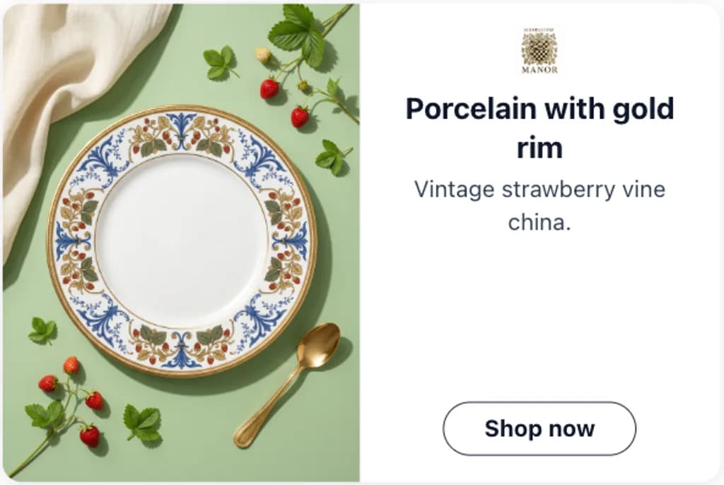 Heirloom Manor banner ad creative reading porcelain with gold rim with a shop now button