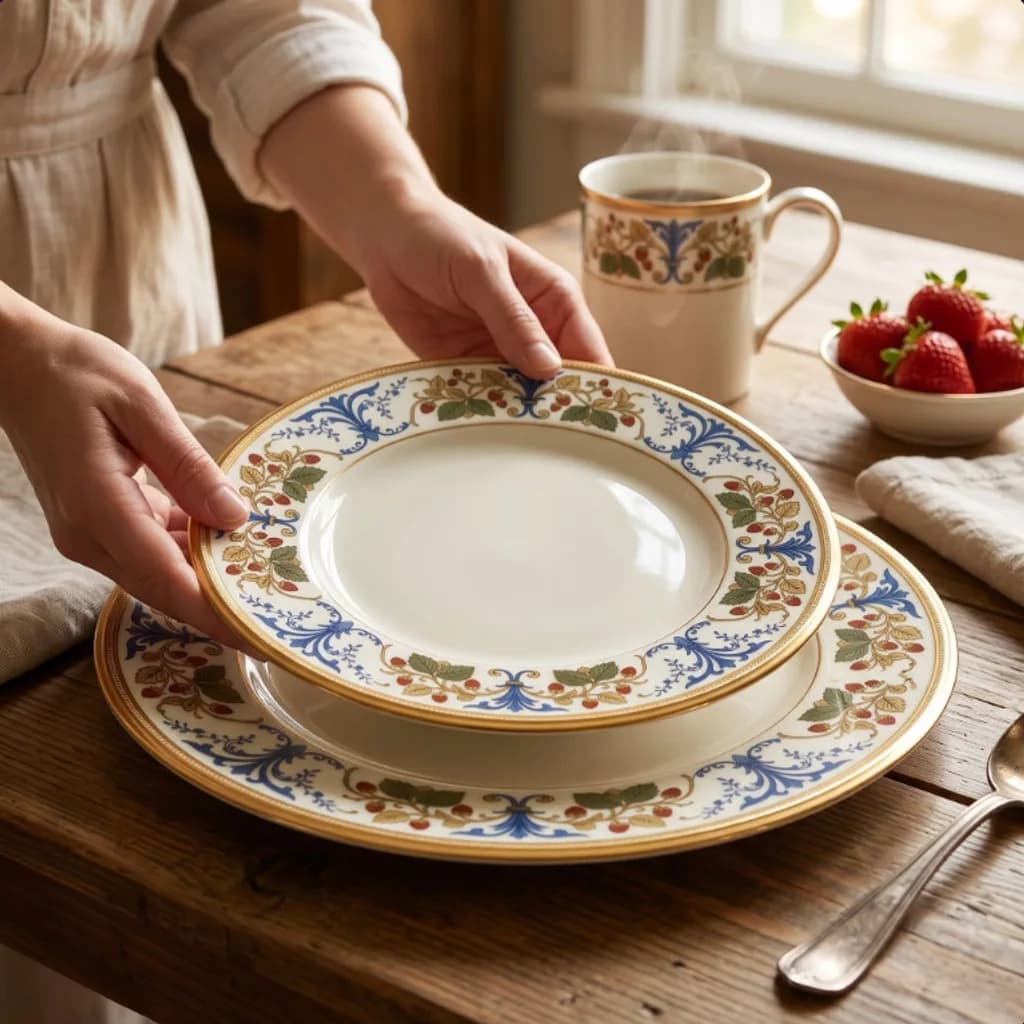 Hands setting Heirloom Manor gold rim plates on a farmhouse table