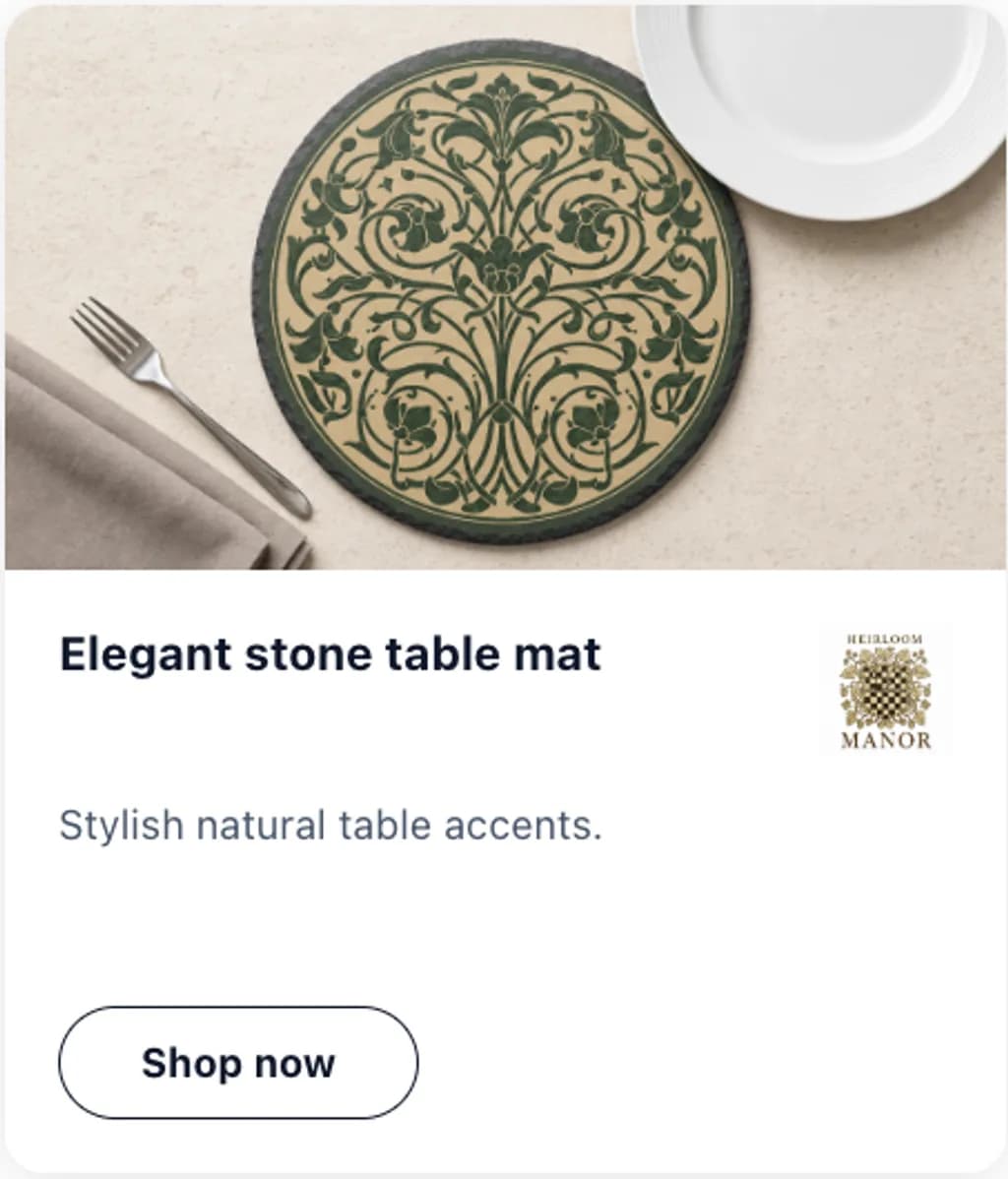 Heirloom Manor ad creative reading elegant stone table mat with a shop now button