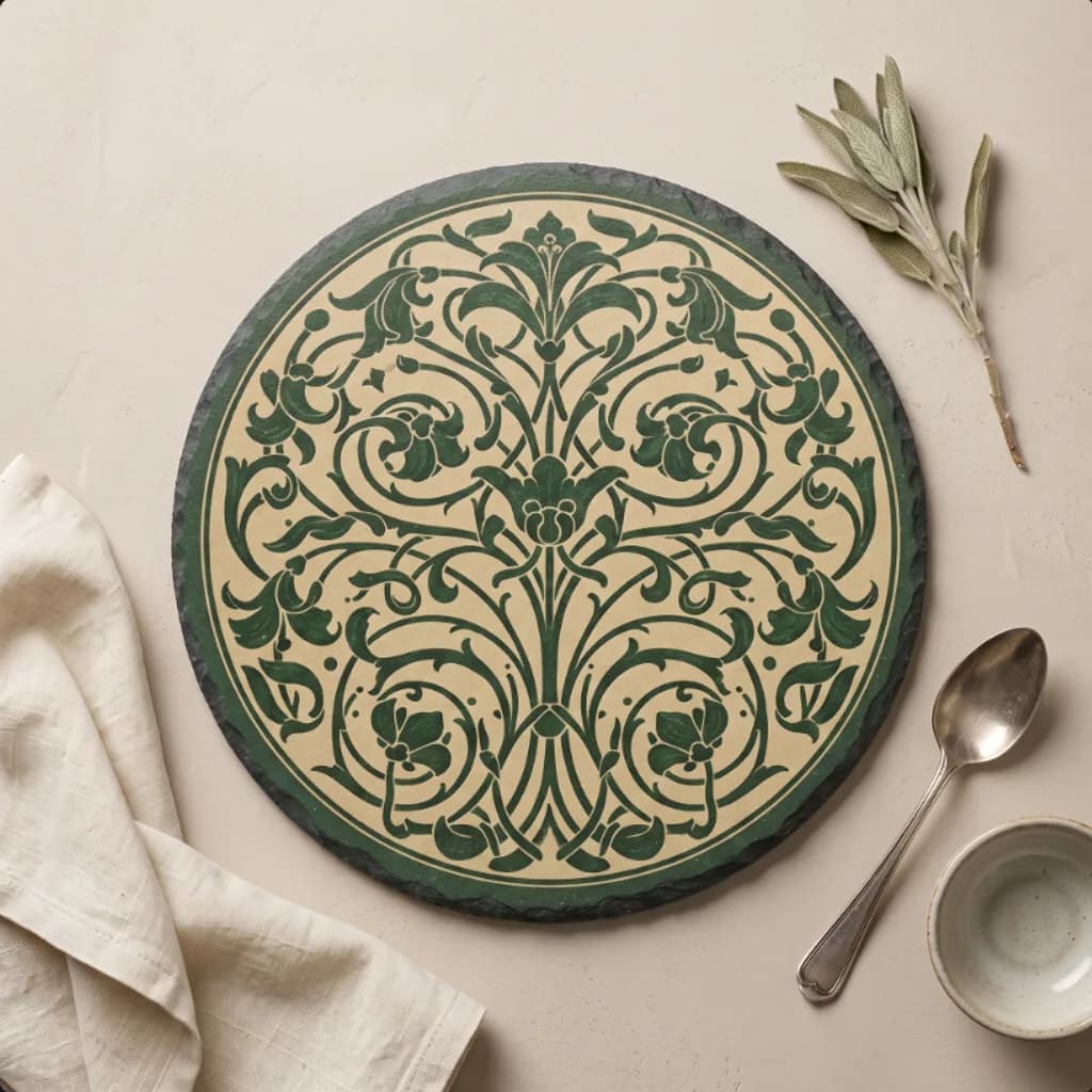 Heirloom Manor sage floral slate placemat flat lay with a linen napkin and spoon