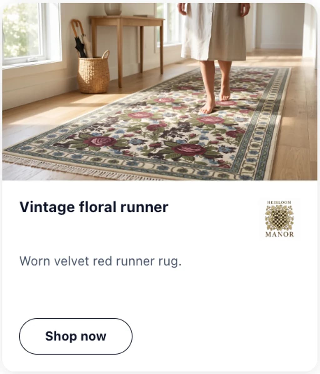 Heirloom Manor ad creative reading vintage floral runner with a shop now button