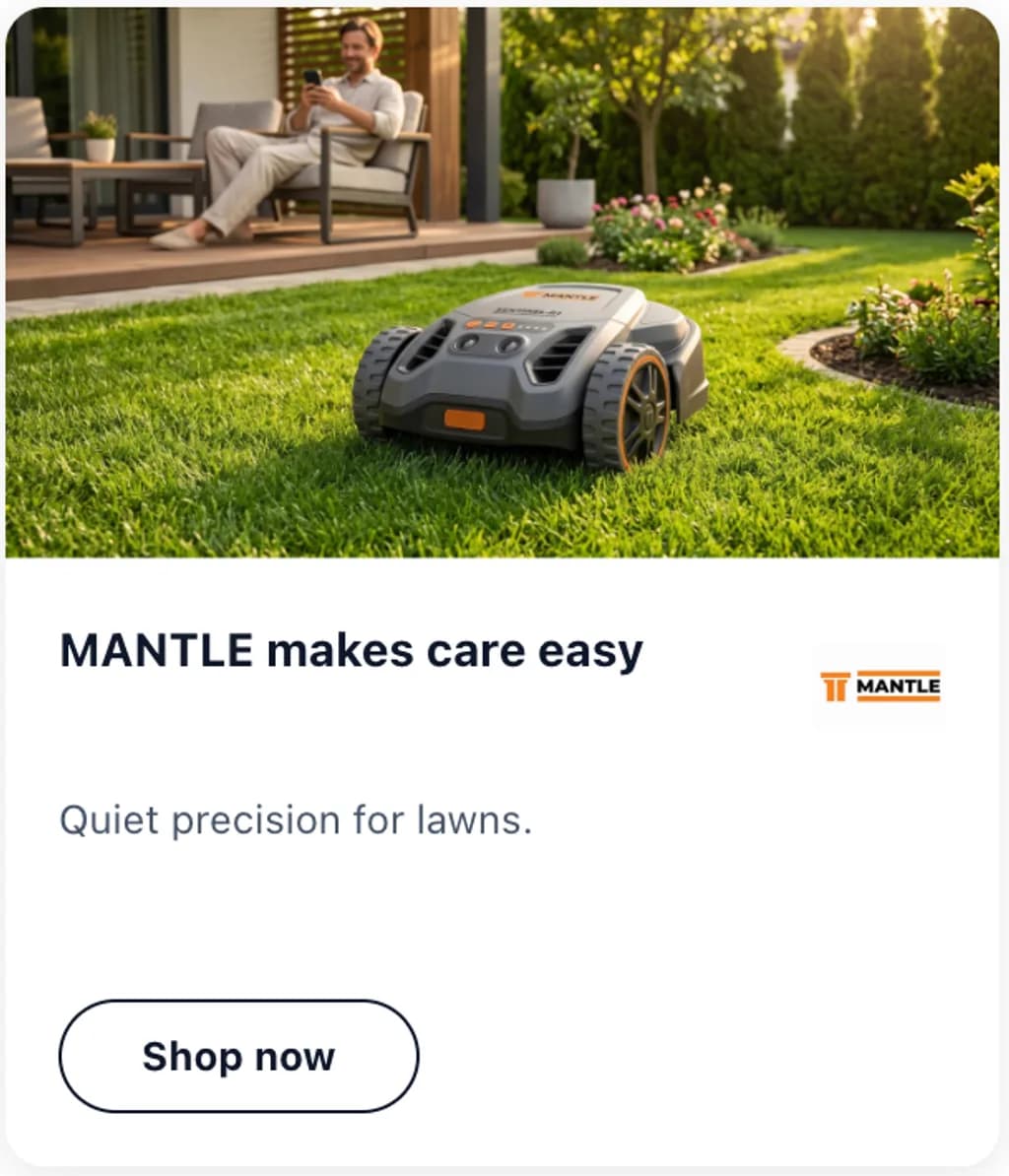 Mantle ad creative reading quiet precision for lawns with a shop now button