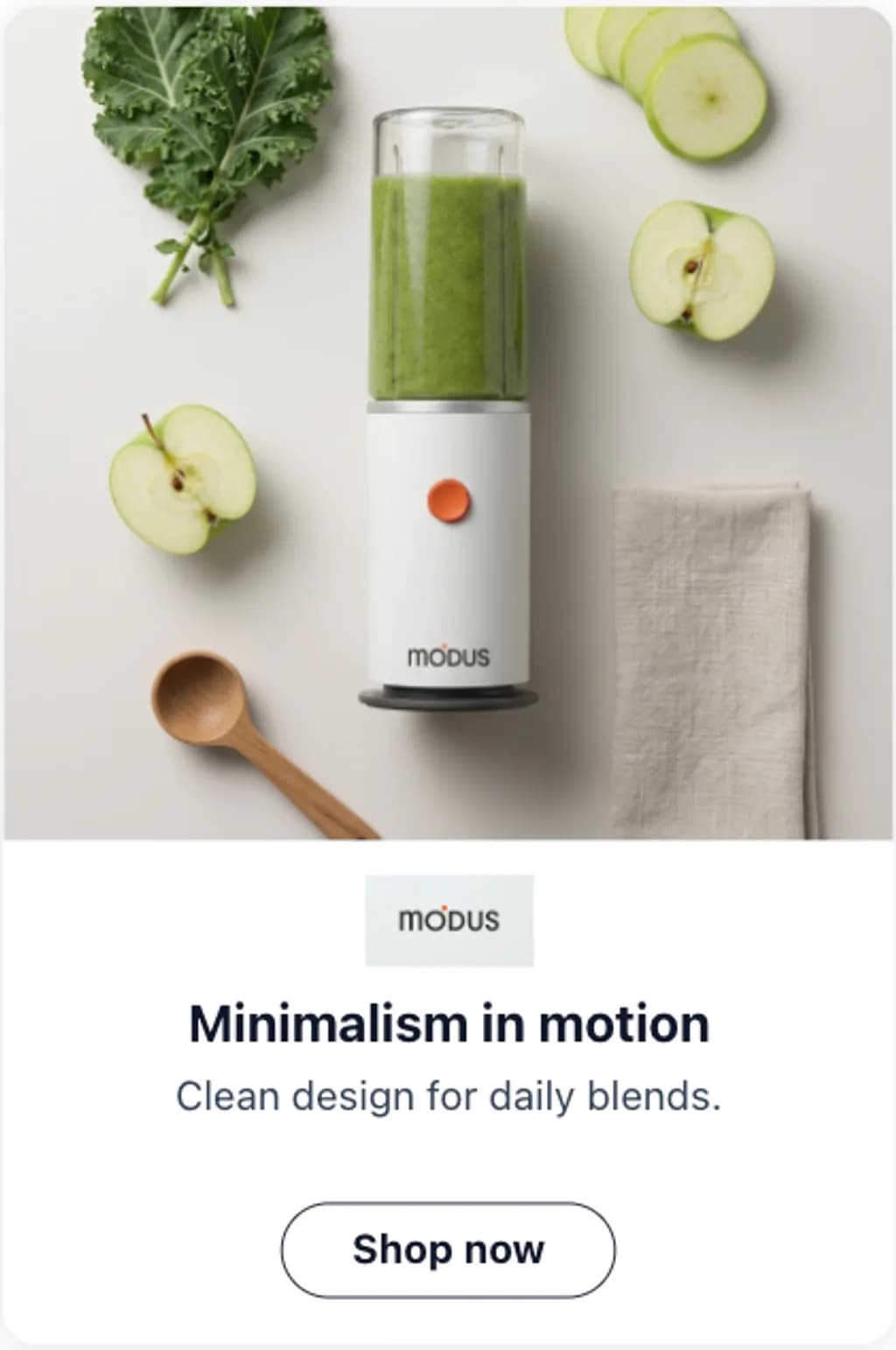 Modus tall ad creative reading minimalism in motion with a shop now button
