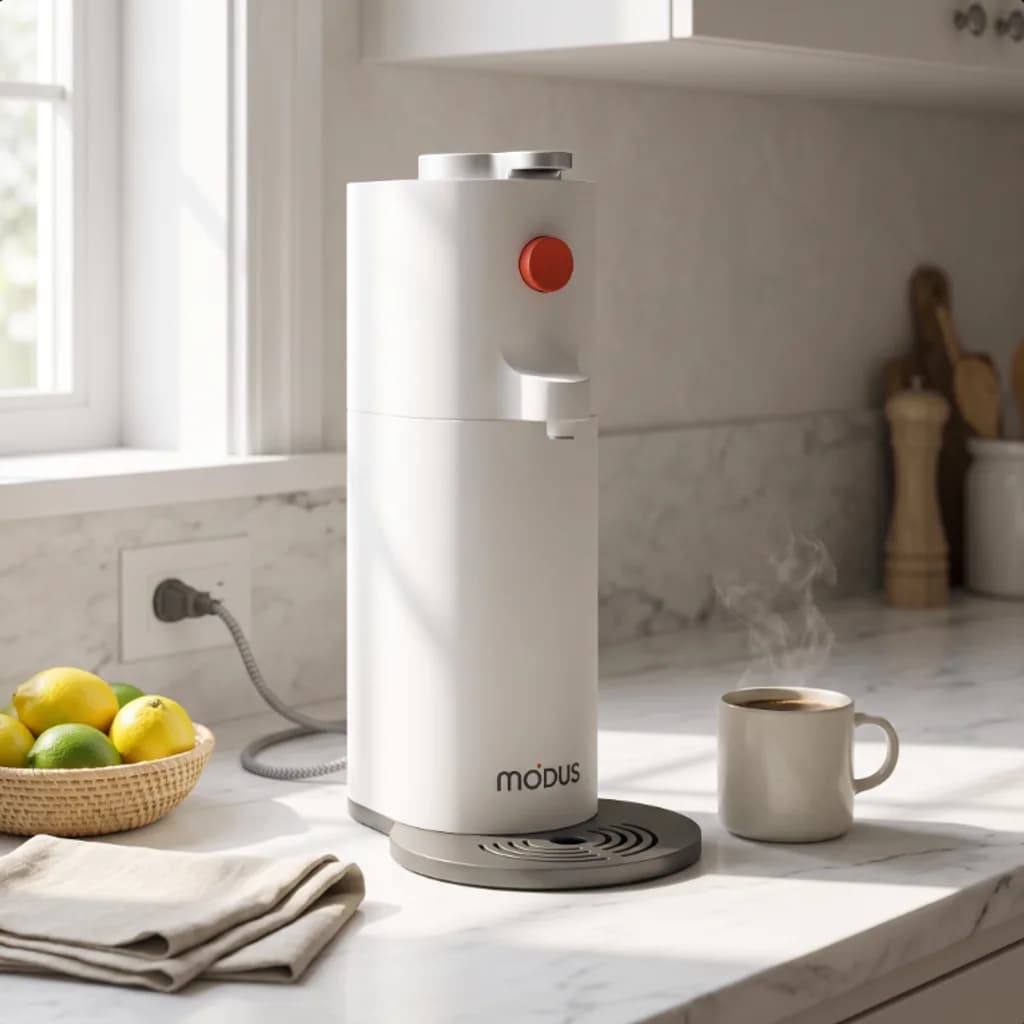 Modus single-serve coffee maker on a marble counter beside a fresh cup and a bowl of citrus