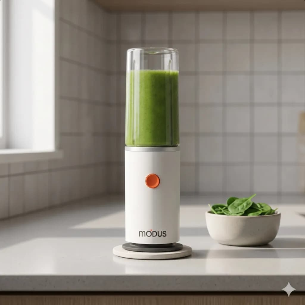 Modus portable blender on a tiled kitchen counter beside a bowl of spinach