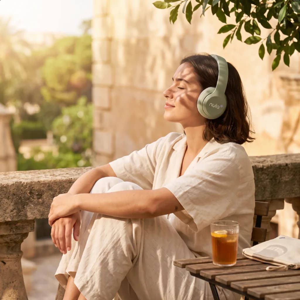 Woman on a sunlit terrace listening through Nula Sage Mist headphones