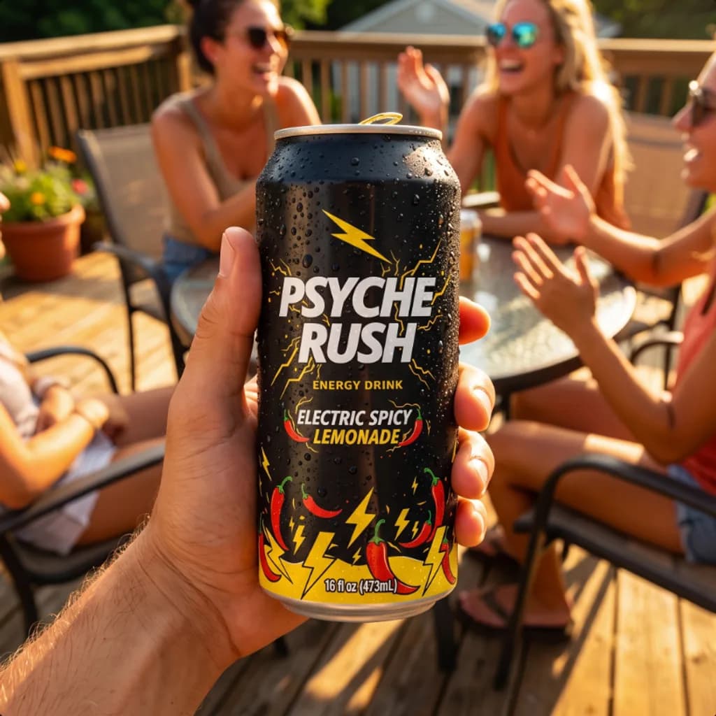 Hand raising a Psyche Rush can over a sunny backyard deck party