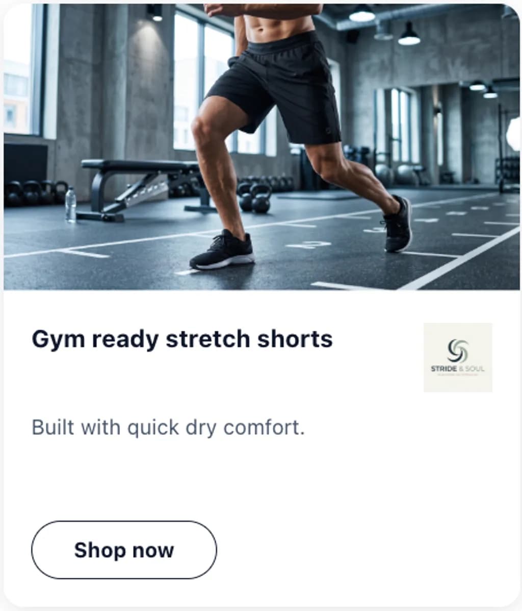 Stride and Soul ad creative reading gym ready stretch shorts with a shop now button