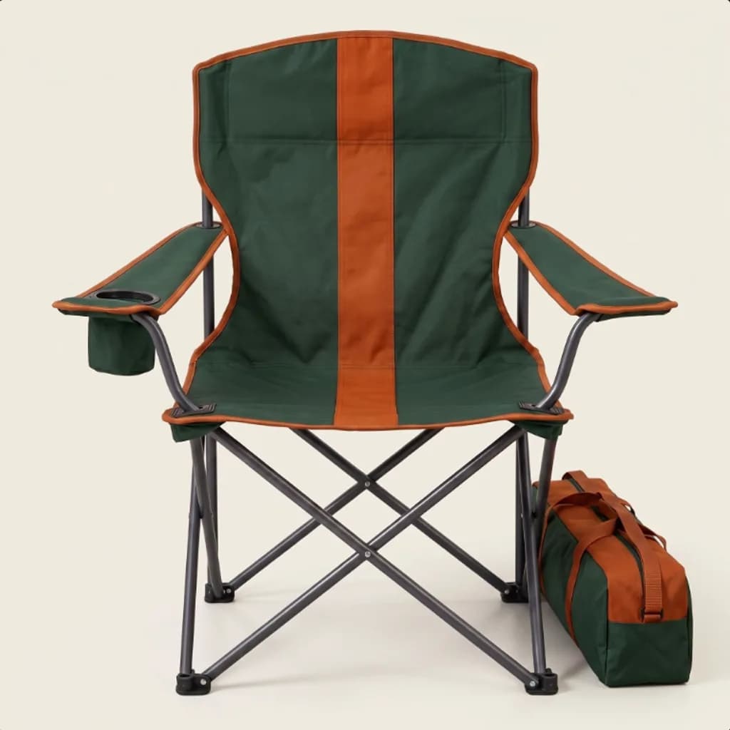 Summit folding camp chair studio photo with its carry bag on a warm ivory backdrop