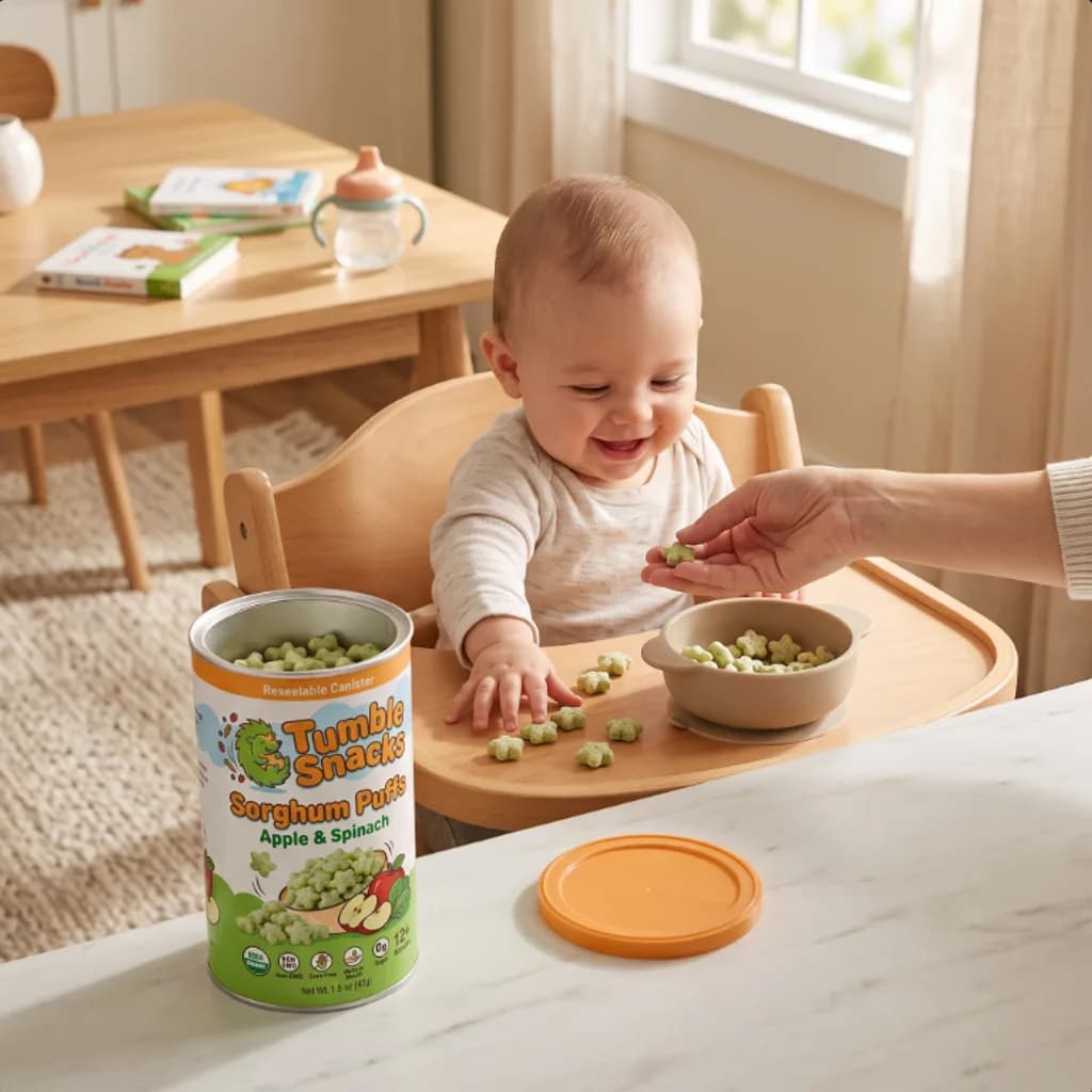 Baby in a high chair reaching for Tumble Snacks sorghum puffs at a sunlit kitchen table