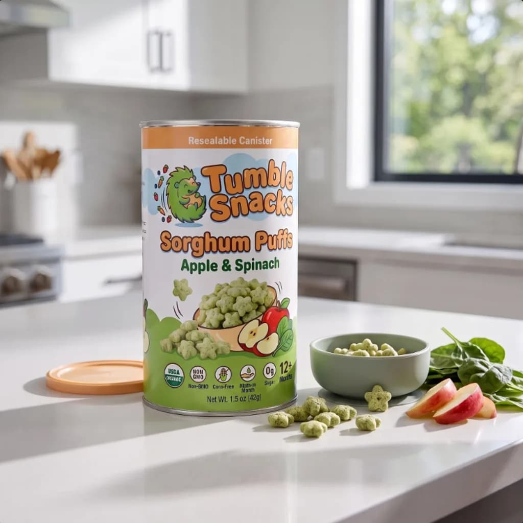 Tumble Snacks sorghum puffs canister on a kitchen counter with apple slices and spinach