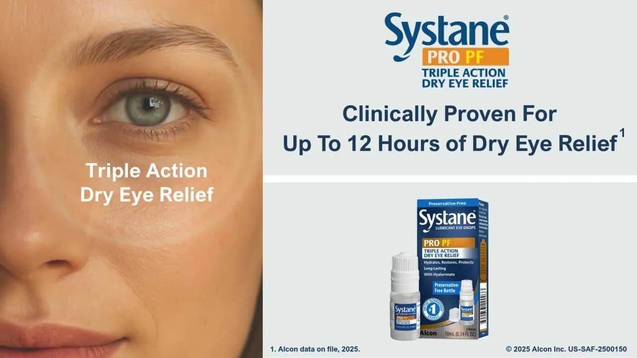 Systane PRO PF product video frame pairing a close-up of an eye with the twelve hour dry eye relief claim and the pack shot