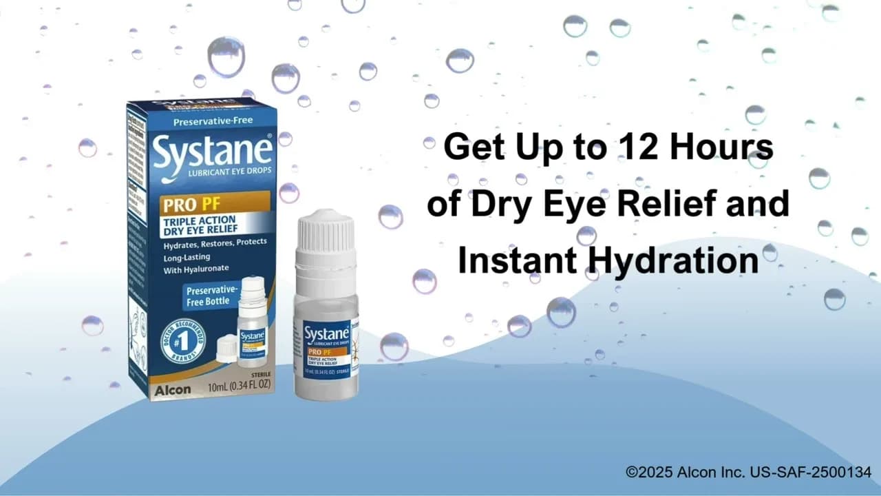 Systane PRO PF product video frame showing the carton and bottle beside the twelve hour relief and instant hydration message
