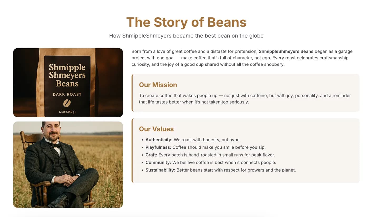 Brand Story module titled The Story of Beans with mission and values panels