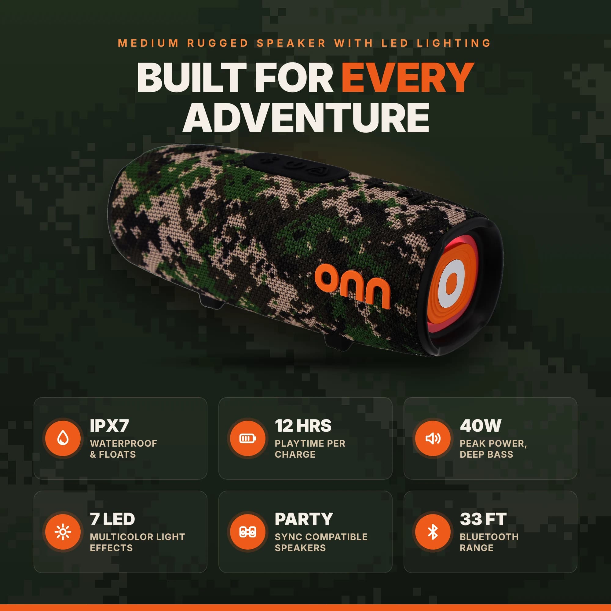 Built for every adventure infographic for the onn. camo rugged speaker listing IPX7 waterproof, 12 hours playtime, 40 watt power, 7 LED effects, Party Sync, and 33 foot Bluetooth range
