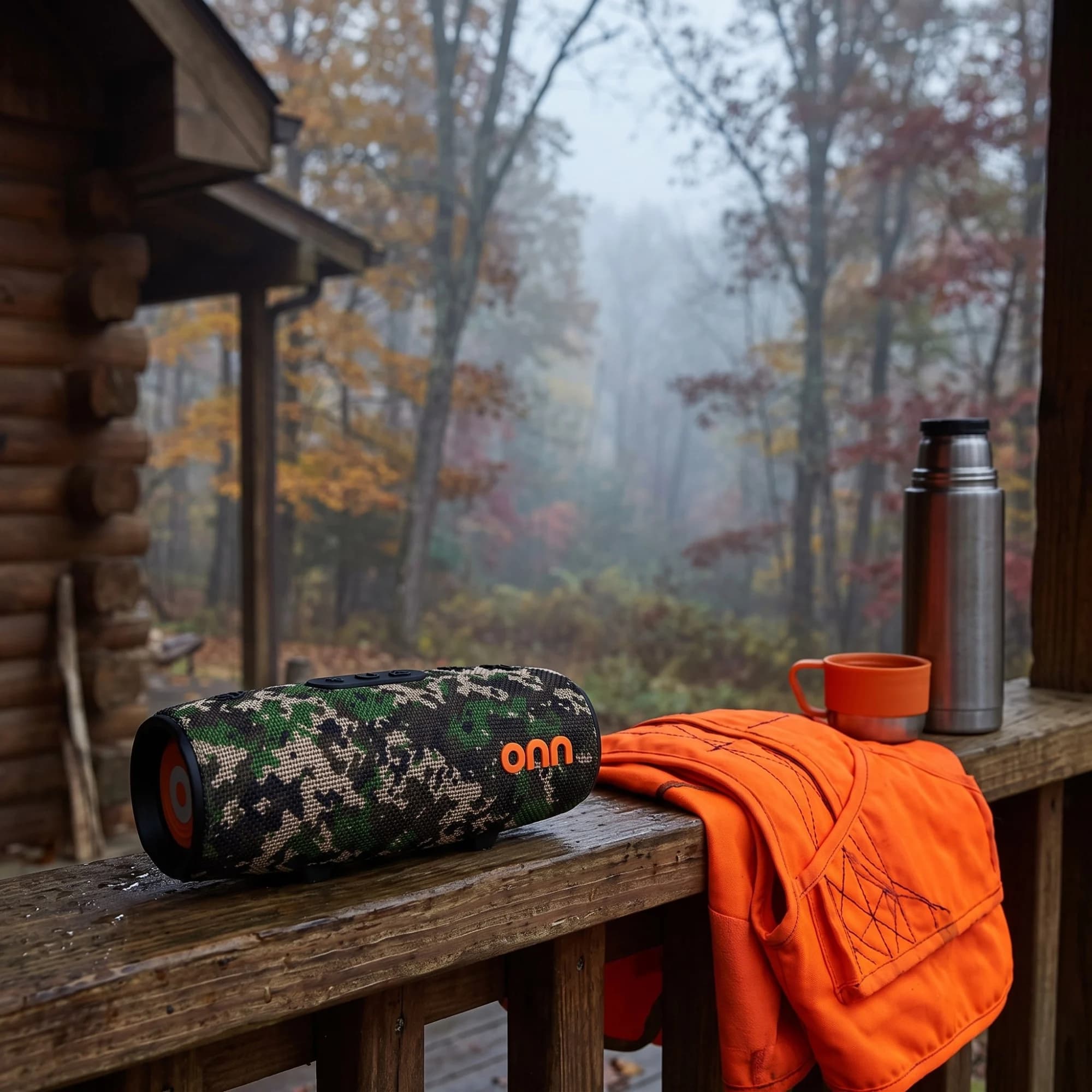 onn. camo rugged speaker on a log cabin porch rail beside a thermos and blaze orange hunting jacket on a foggy autumn morning