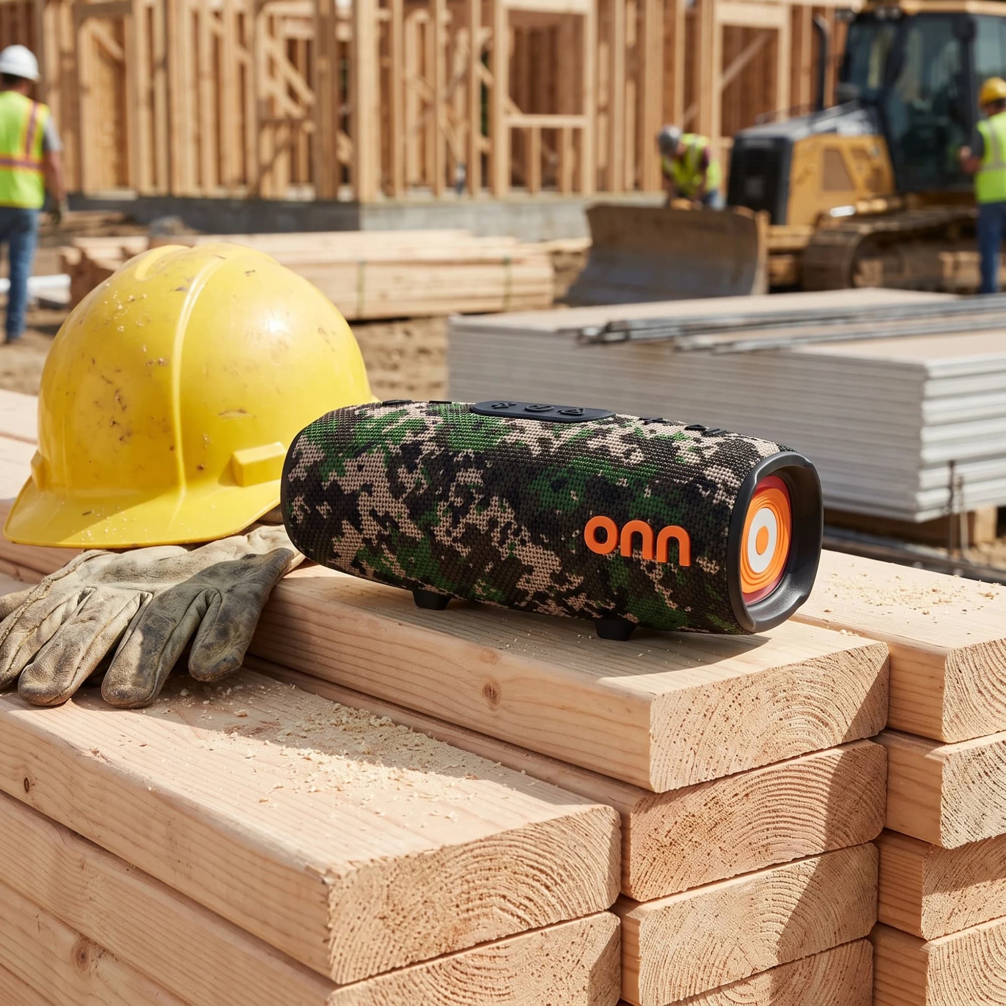 onn. camo rugged speaker on a stack of lumber at a construction site next to a yellow hard hat and work gloves