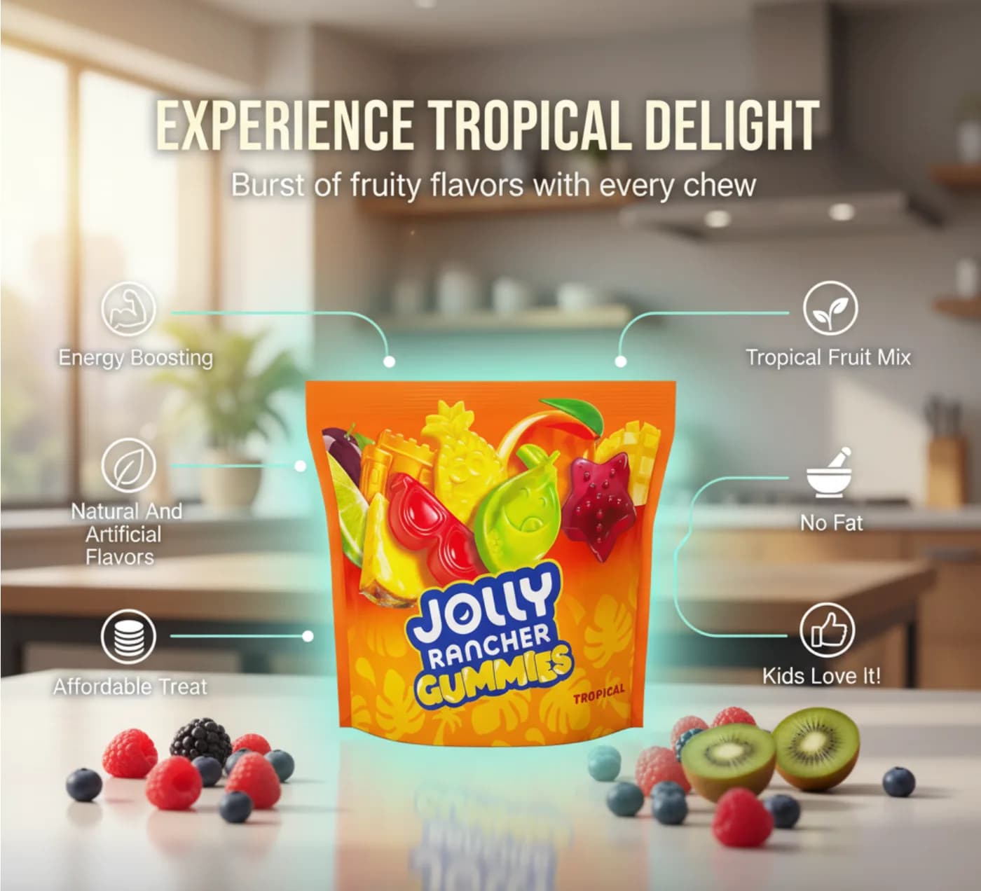Feature Set module for Jolly Rancher Tropical Gummies with six labelled callouts around the product bag