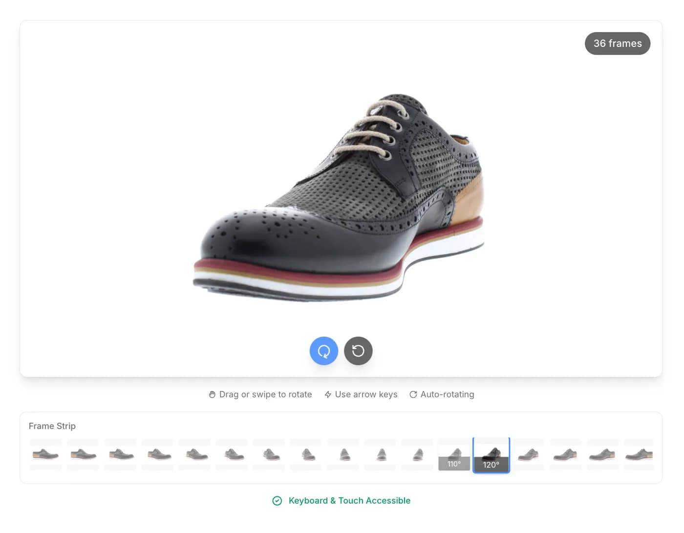 360 degree viewer module showing a leather brogue shoe with a 36 frame strip
