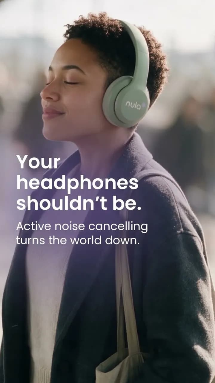 Vertical Nula social video frame of a commuter wearing the headphones beside the active noise cancelling headline
