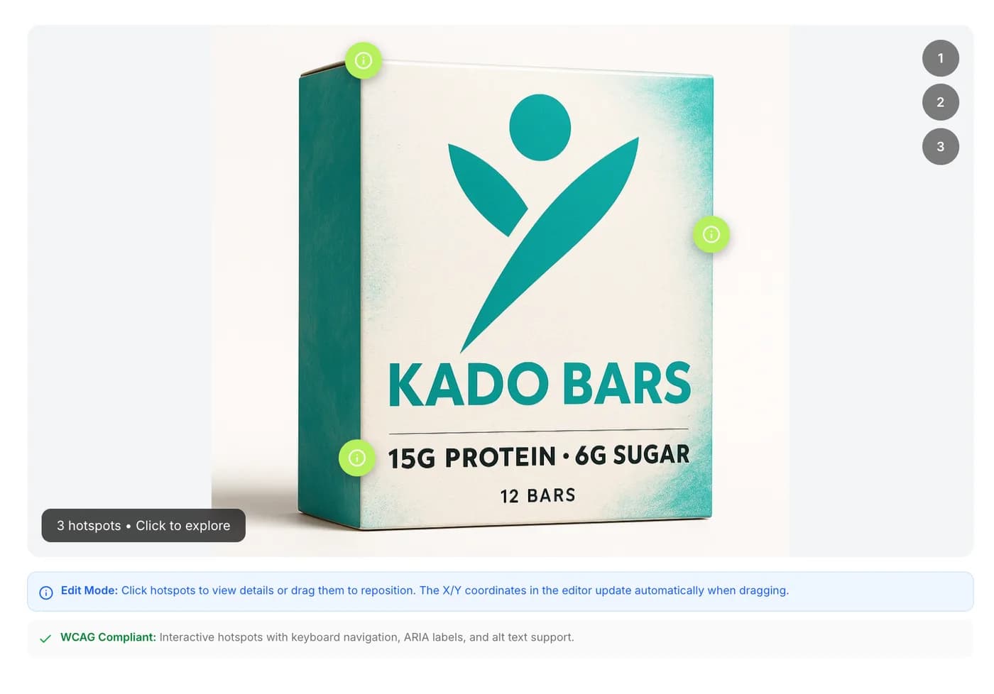 Product Tour module on a Kado Bars box with three interactive hotspots and a WCAG compliance note