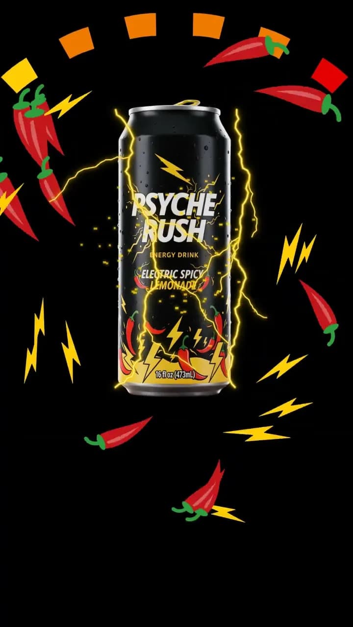 Vertical Psyche Rush social video frame of the can surrounded by lightning bolts and chili graphics