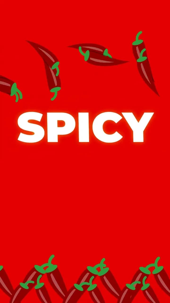 Vertical Psyche Rush social video frame with the word spicy in white type on a red field of chili graphics