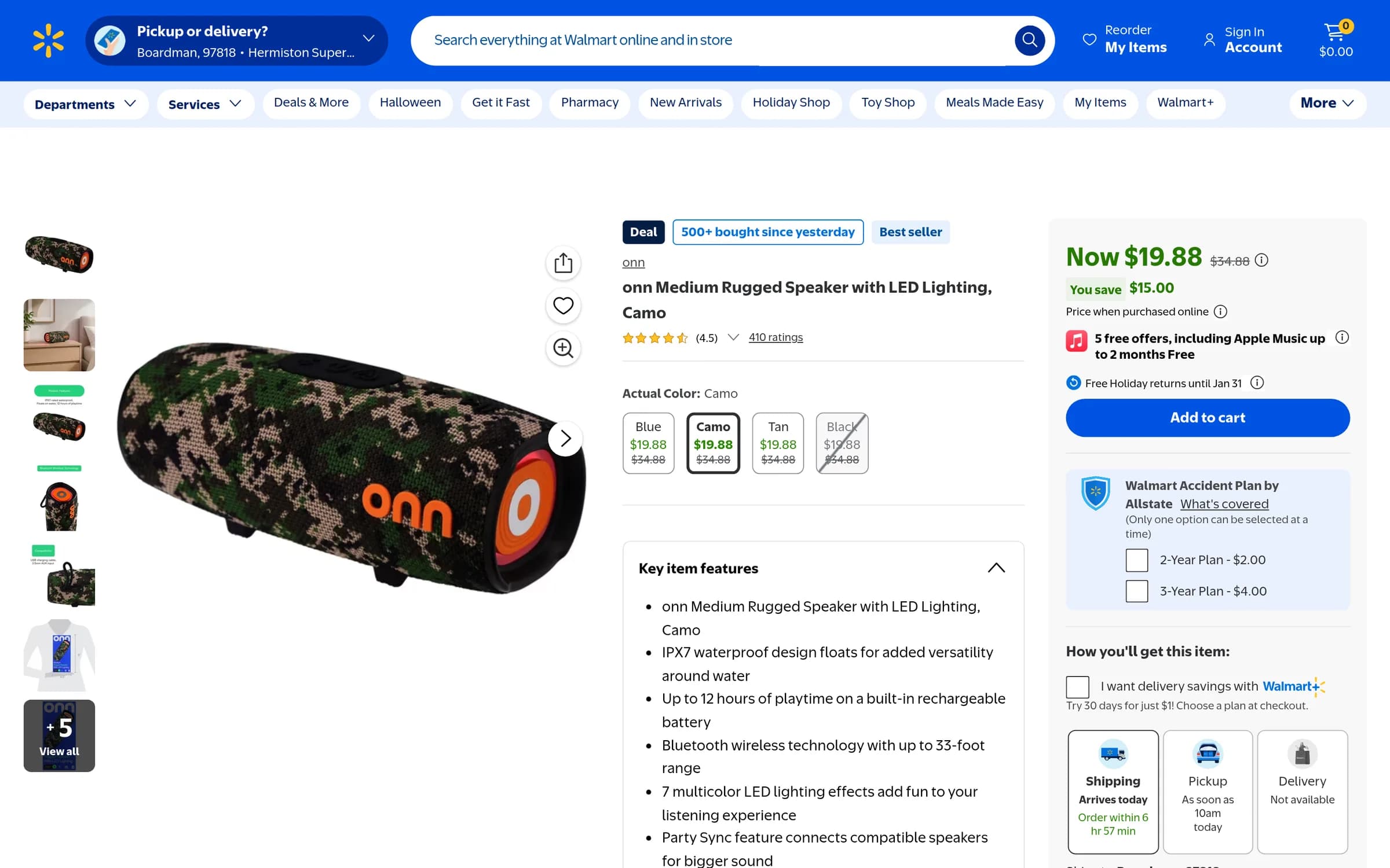 Top of the Walmart.com product detail page for the onn. Medium Rugged Speaker with LED Lighting, Camo, showing the image gallery, title, star rating, color options, key item features, and the $19.88 buy box