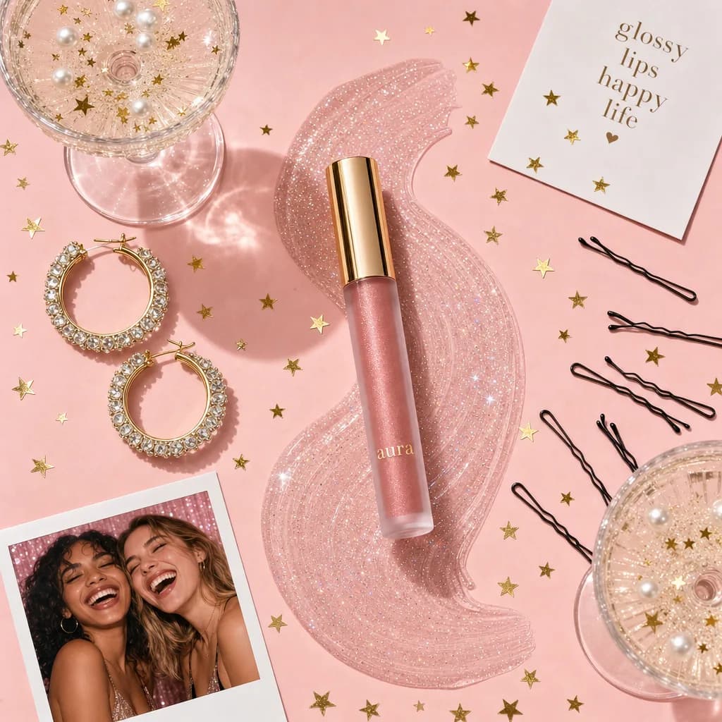 Aura lip gloss flat lay generated on brand