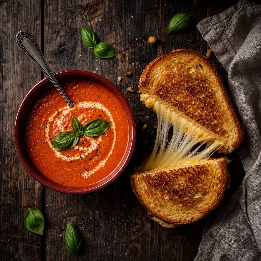 Tomato soup and grilled cheese lifestyle photo