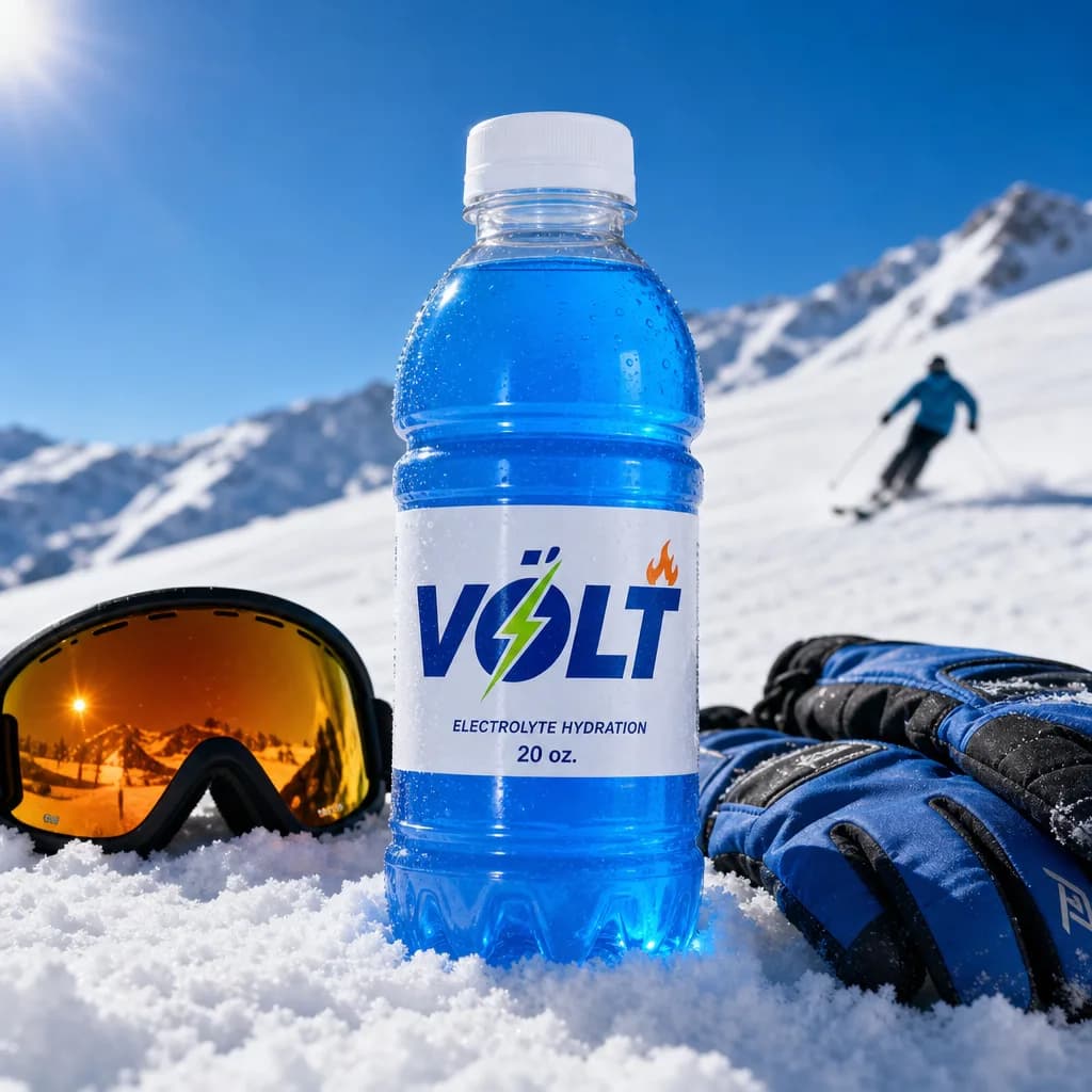 Product photo of a Volt electrolyte bottle in fresh snow