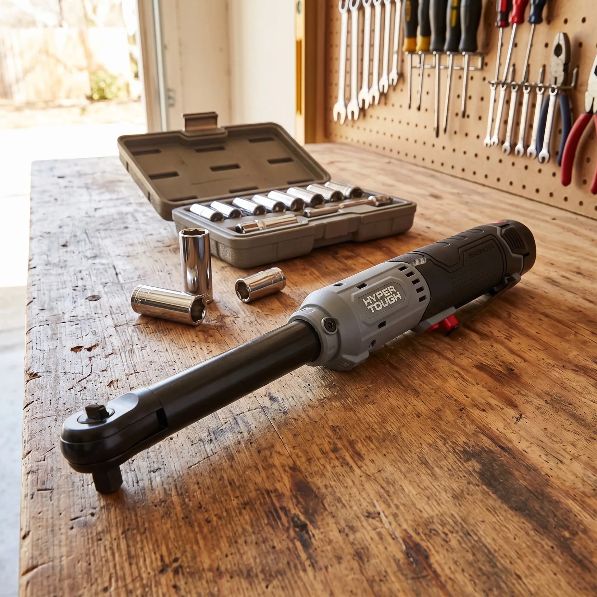 Hyper Tough 12V brushless extended reach ratchet wrench on a worn wooden workbench beside an open socket set, with a pegboard of hand tools and a sunlit garage door behind it
