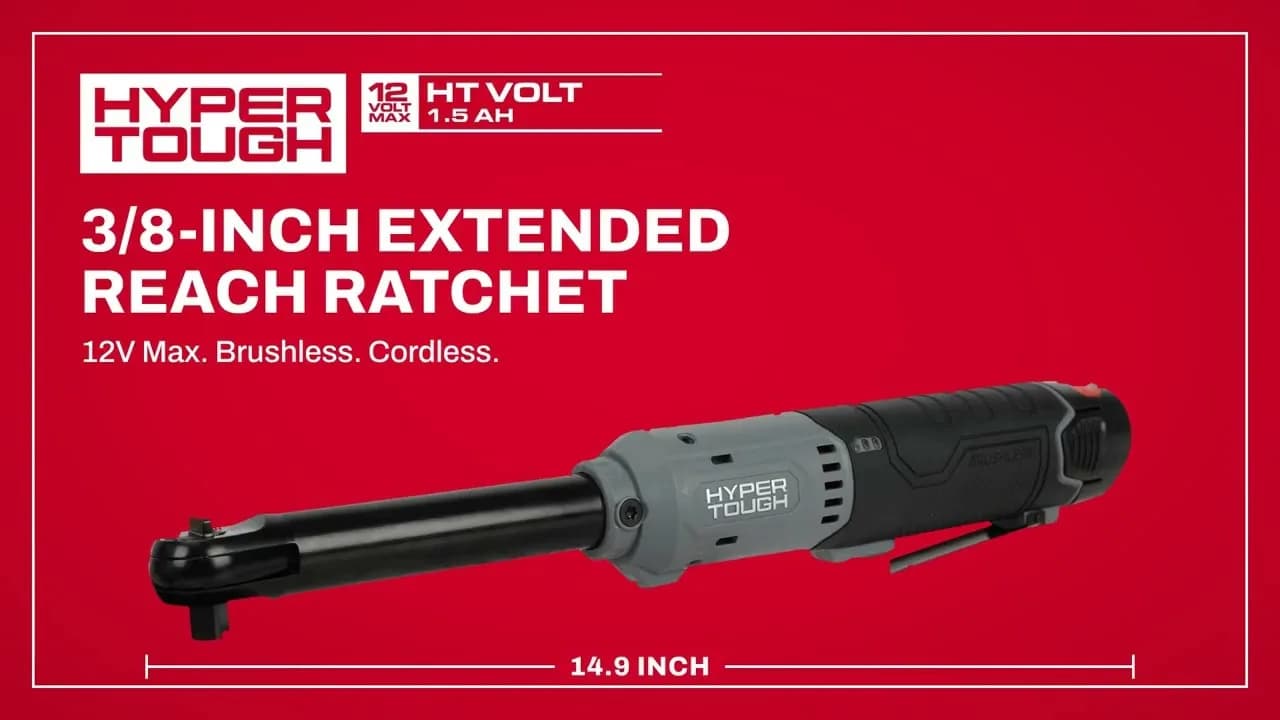 Hyper Tough 3/8-inch extended reach ratchet on a red background with the 12V Max brushless cordless headline and its 14.9 inch overall length marked